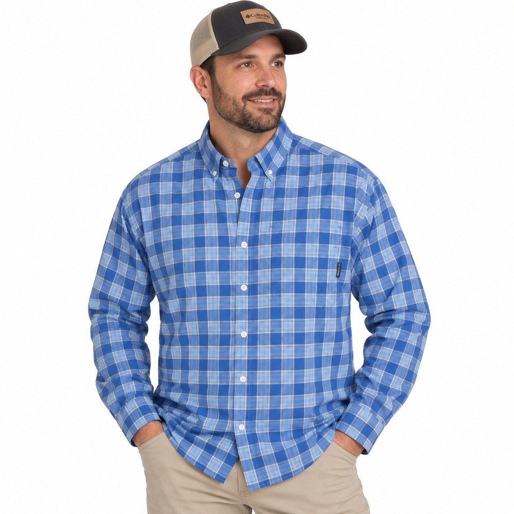 Columbia Men's Long Sleeve Button-Down Shirt XL Blue White Plaid Outdoor Casual